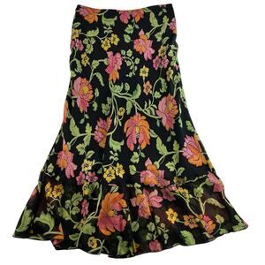 Vtg Y2K Sz 12 Silk Maxi Skirt Dark Floral Fairy Whimsigoth Slip Grunge Party